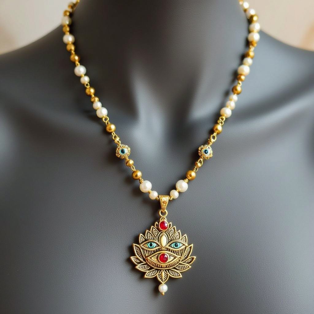 Кулон на длинной цепочке. Матовое светлое золото. В цепочке небольшие золотые шарики и жемчуг. Кулон в виде двух глаз над ними лотос с маленьким красным камнем внутри узоры завитушки 
