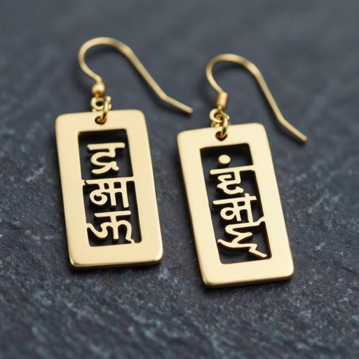 Золотые матовые серьги. На подвеска и виде тонкого длинного прямоугольника. На нем написана мантра Асатома на санскрите. 