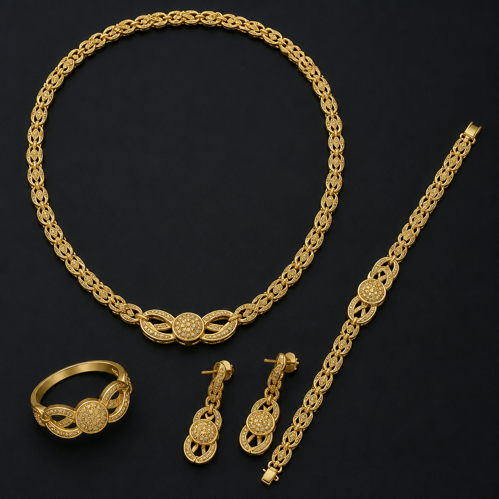 A chain women's necklace made of gold, detailed and decorative, moderately ornate. make ring and bracelet and earrings with it in the same design and make it ready to print in wax printer
photorealistic jewelry design, A chain women's necklace made of gold, detailed and decorative, moderately ornate. make ring and bracelet and earrings with it in the same design and make it ready to print in wax printer, chain style, just the design no text