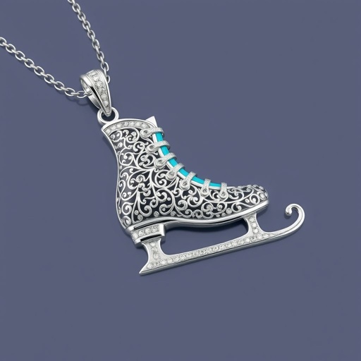 Silver Pendant shape one ice skate with turquoise stripe inside the low thin part blade