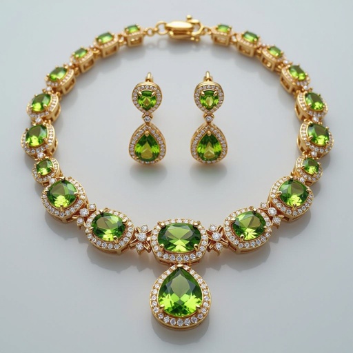 Necklace and earring with peridot and diamond with gold