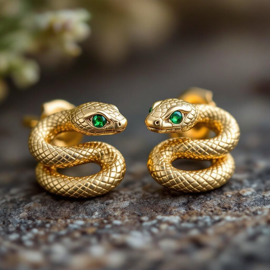Небольшие золотые матовые серьги в виде символической змеи