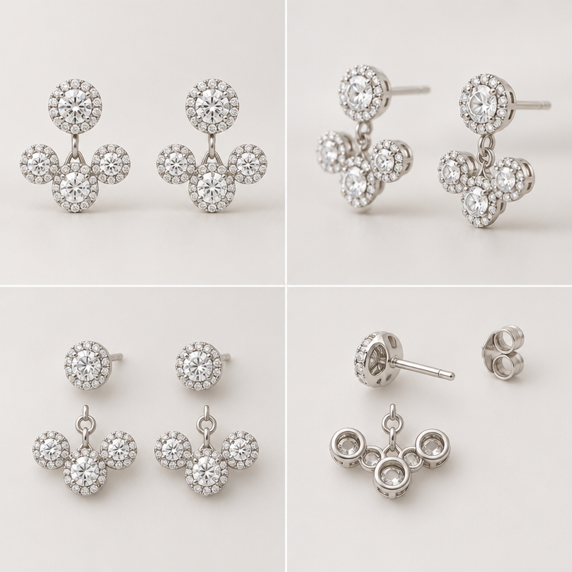 A women's earrings, minimalist, simple and delicate, clean lines. สามารถถอดออกเป็นส่วนๆได้,เปลี่ยนใบไม้ให้เป็นเม็ดเดี่ยวล้อม1ชุดวงกลมไม่ต้องเอารูปแบบเดิม,4 views
using the attached image as a visual reference, create A women's earrings, minimalist, simple and delicate, clean lines. สามารถถอดออกเป็นส่วนๆได้,เปลี่ยนใบไม้ให้เป็นเม็ดเดี่ยวล้อม1ชุดวงกลมไม่ต้องเอารูปแบบเดิม,4 views. photorealistic, just the design no text