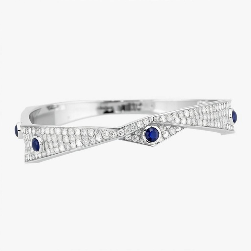 Geomatric architecture shape of white bangle white diamonds and blue sapphire of white vibes