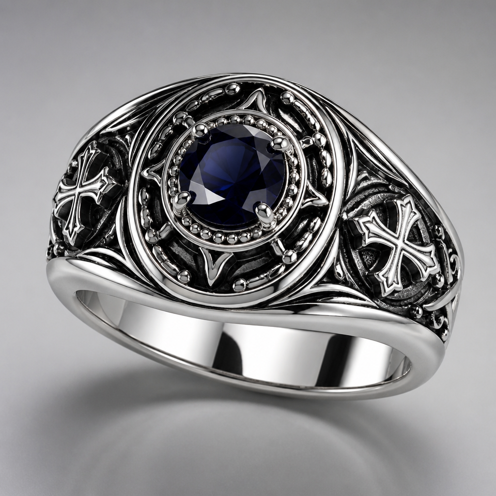 A gothic women's ring made of platinum with sapphire stones suitable for daily wear. wide man signet ring. Refinement: cross on both sides
photorealistic jewelry design, A gothic women's ring made of platinum with sapphire stones suitable for daily wear. wide man signet ring. Refinement: cross on both sides, just the design no text