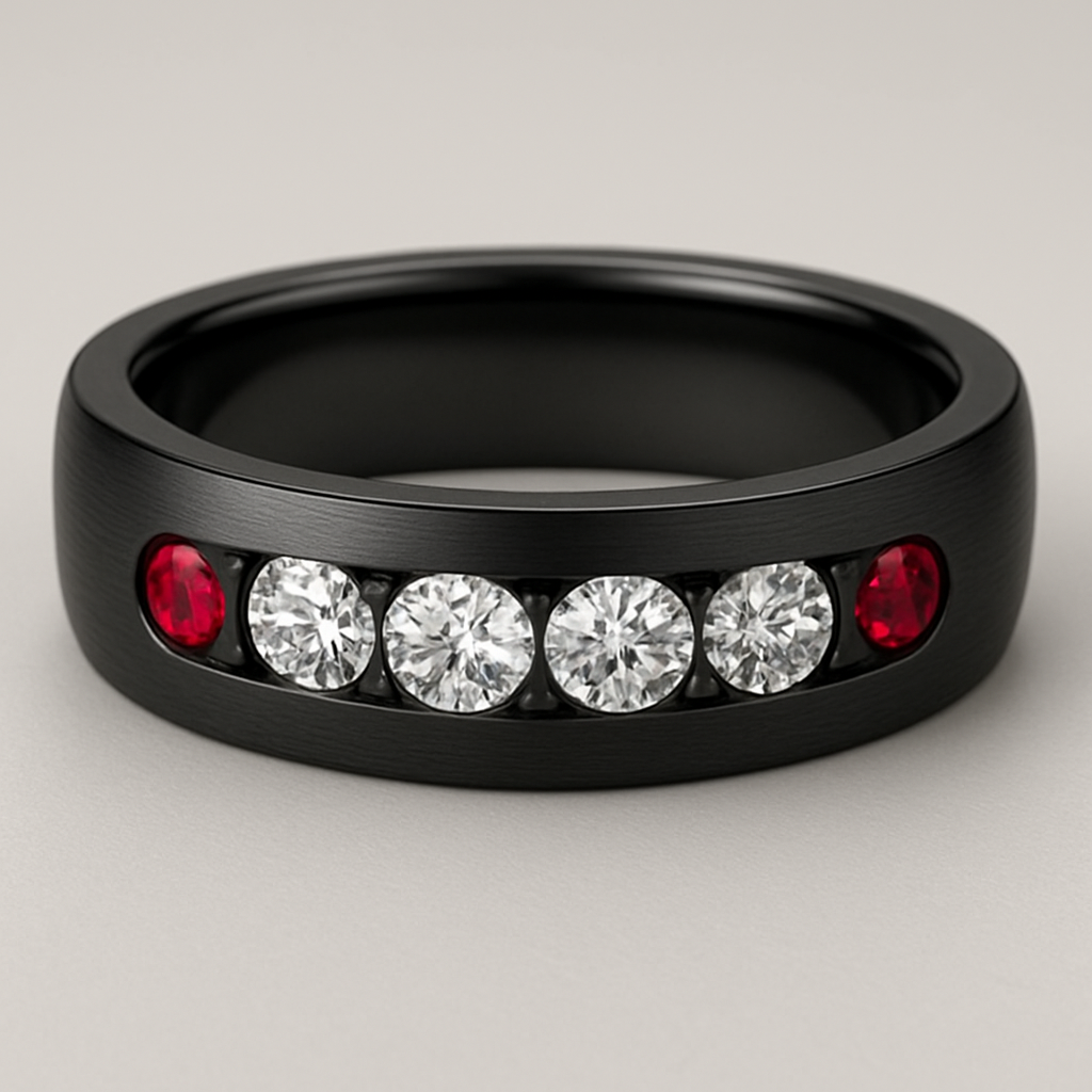 Men’s wedding band black with moissanite stones and 2 rubies 