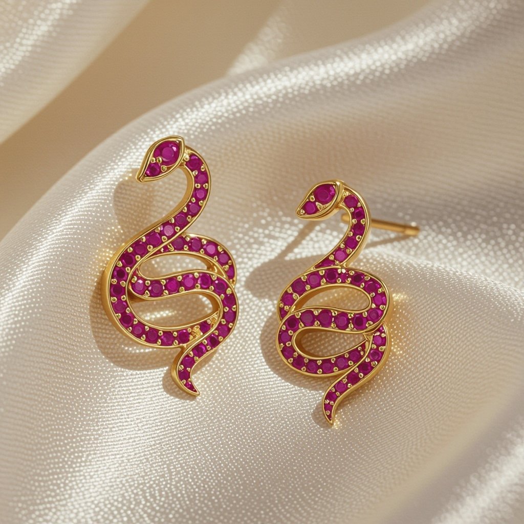Небольшие золотые матовые серьги в виде символической змеи