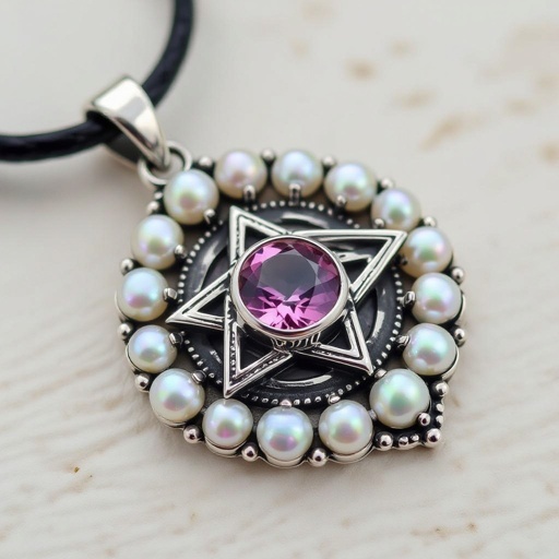 A Merkabah symbol with pink quartz and pearls