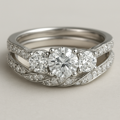 Elegant 4 carat tw 3 stone engagement ring with twisted pave band with matching wedding band