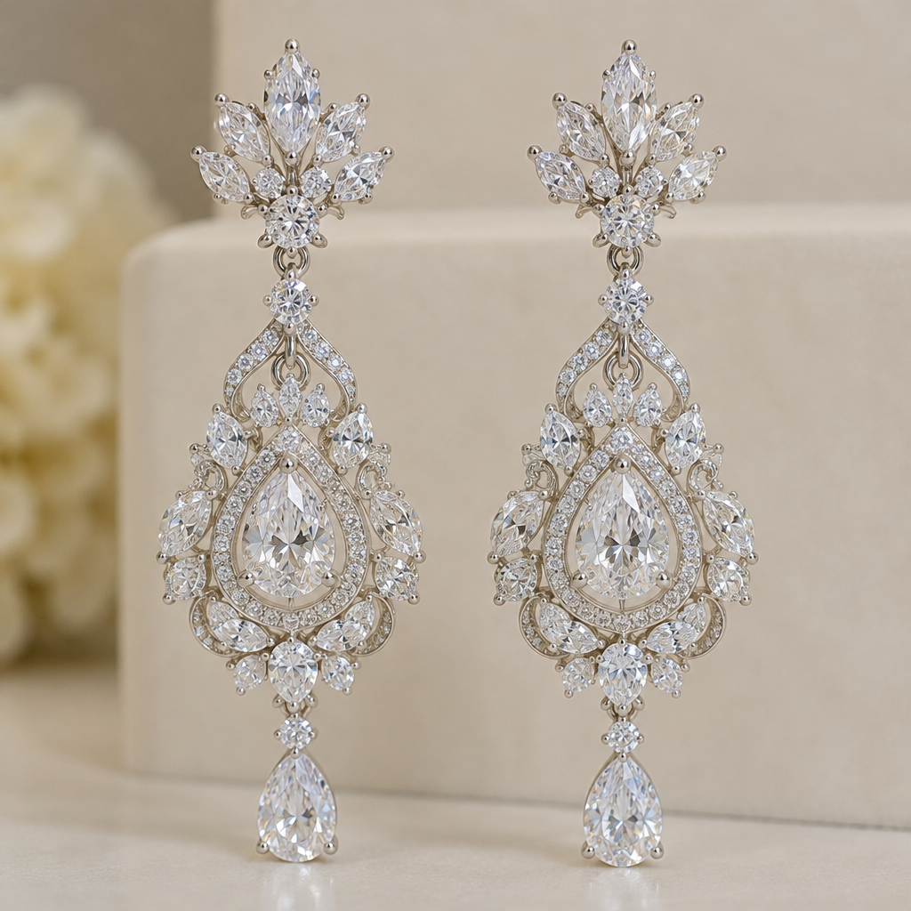A royal women's earrings made of white gold with diamond stones suitable for wedding
photorealistic jewelry design, A royal women's earrings made of white gold with diamond stones suitable for wedding, royal style, just the design no text