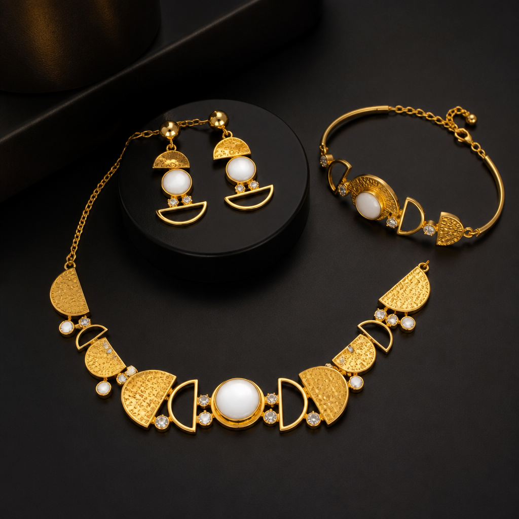 Prompt: Full jewelry suite made of authentic 21 karat gold. The set consists of a necklace, earrings, and a bracelet. Creative design blending semicircular gold plates with hollow geometric frames. Adorned with polished white agate and small sparkling white stones. High detail, luxury jewelry design, cinematic lighting, sharp focus on the textures of gold and white stones, isolated on a dark luxury background.
photorealistic jewelry design, Prompt: Full jewelry suite made of authentic 21 karat gold. The set consists of a necklace, earrings, and a bracelet. Creative design blending semicircular gold plates with hollow geometric frames. Adorned with polished white agate and small sparkling white stones. High detail, luxury jewelry design, cinematic lighting, sharp focus on the textures of gold and white stones, isolated on a dark luxury background., african style, just the design no text