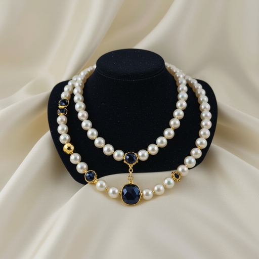 عقد لولو من لاين واحد ويكون عدد اللولو قليل ٥ حبات كذا مع ذهب وحجر لونه كحلي