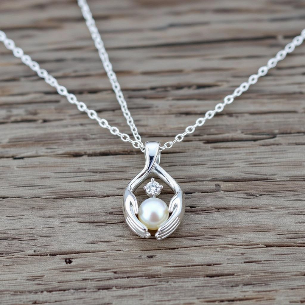 Украшение на шею серебряная цепочка с подвеской в виде двух ладоней которые держат жемчужину по центру