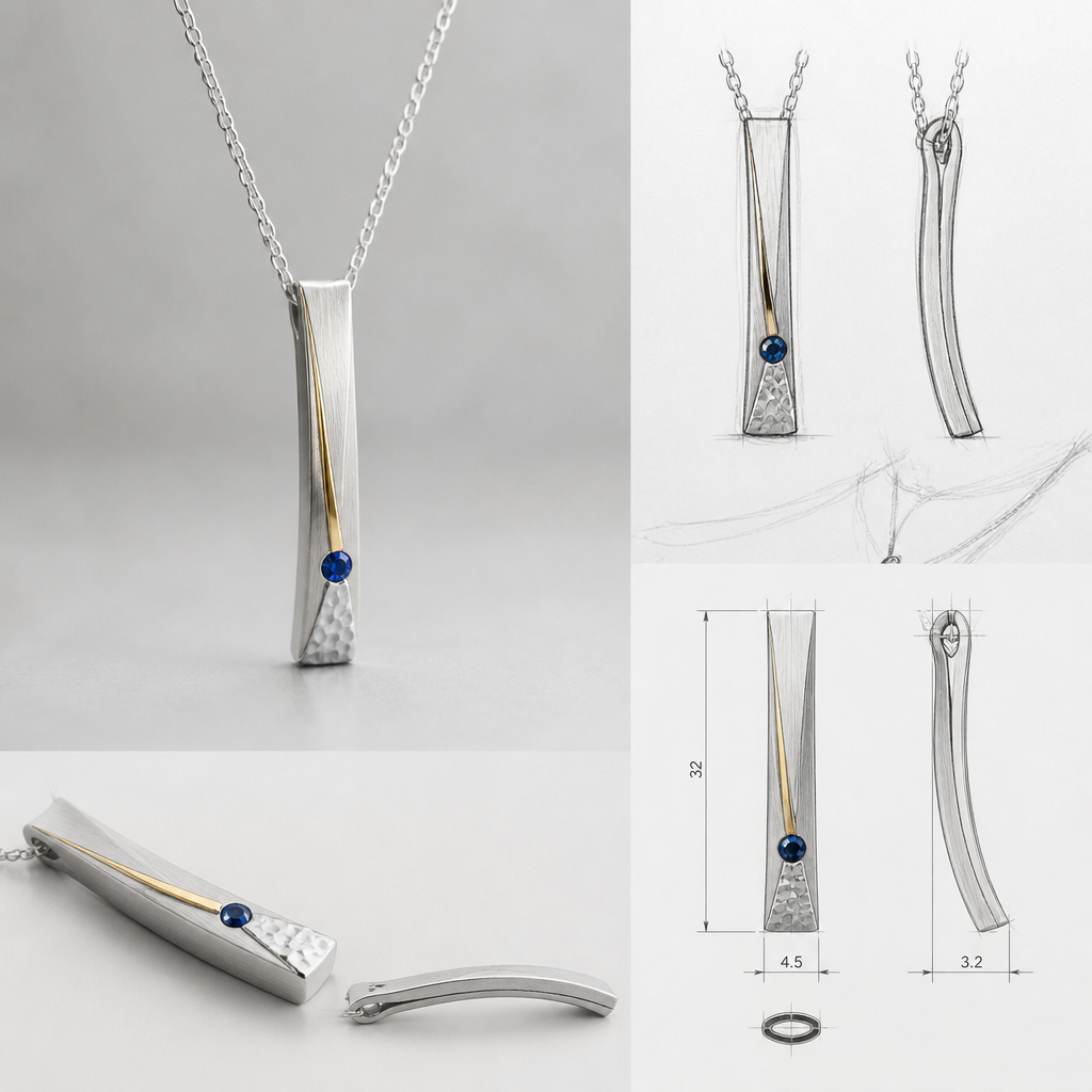 A modern women's pendant made of silver with sapphire stones, minimalist, simple and delicate, clean lines. "photorealistic jewelry design, A scandinavian women's pendant made of silver suitable for daily wear, minimalist. simple and delicate, clean lines. simplistic form minimalist brushed silver finish with an accent of gold and a very small section of hammered surface, scandinavian style, with design scketchs and mesurments
photorealistic jewelry design, A modern women's pendant made of silver with sapphire stones, minimalist, simple and delicate, clean lines. "photorealistic jewelry design, A scandinavian women's pendant made of silver suitable for daily wear, minimalist. simple and delicate, clean lines. simplistic form minimalist brushed silver finish with an accent of gold and a very small section of hammered surface, scandinavian style, with design scketchs and mesurments, modern style, just the design no text