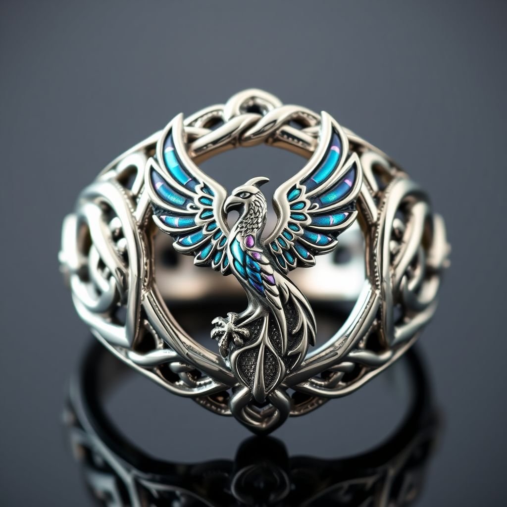 A platinum segnit ring with a Celtic phoenix symbol on it for men