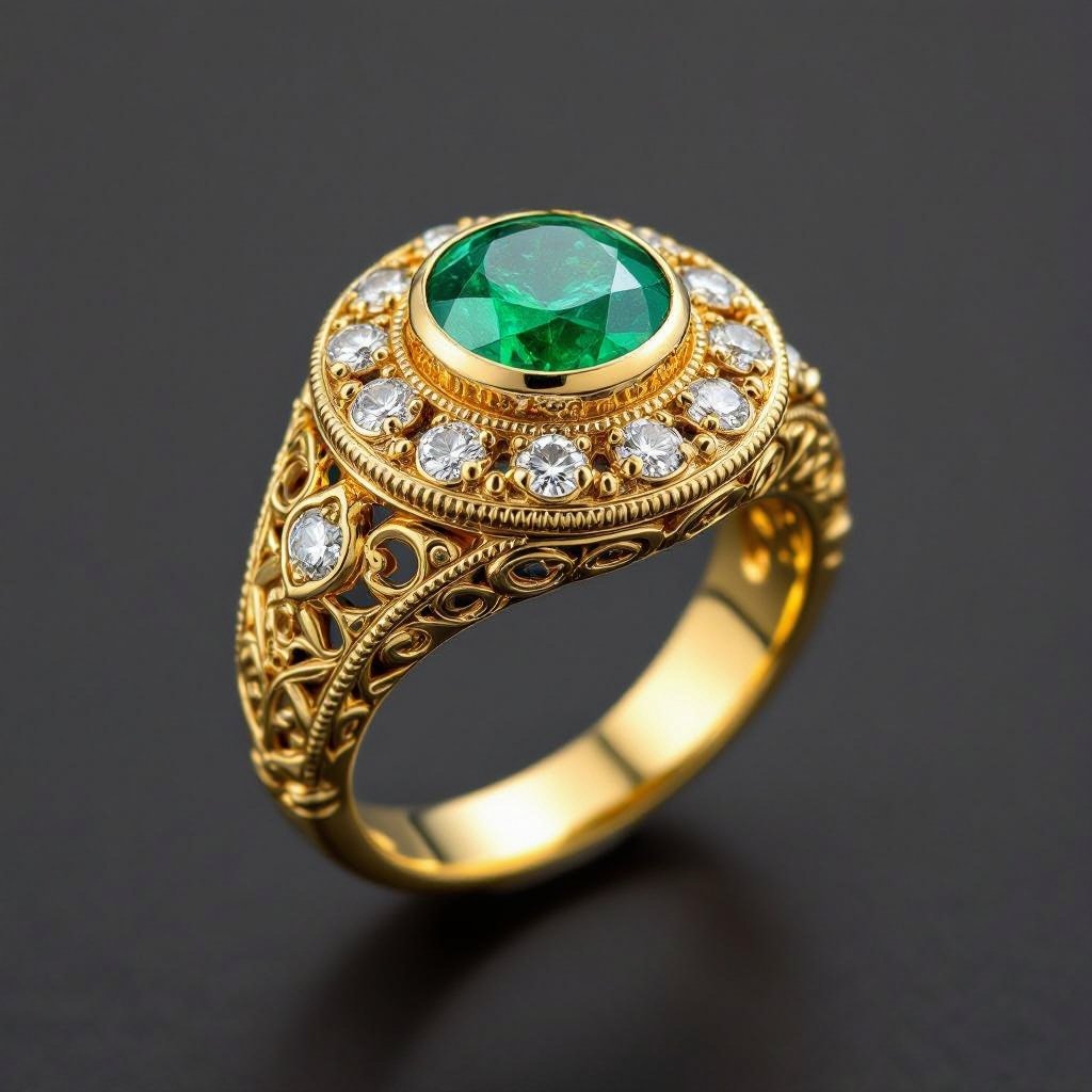 Anillo con Central de esmeralda redonda con 6 diamantes al rededor en oro amarillo 