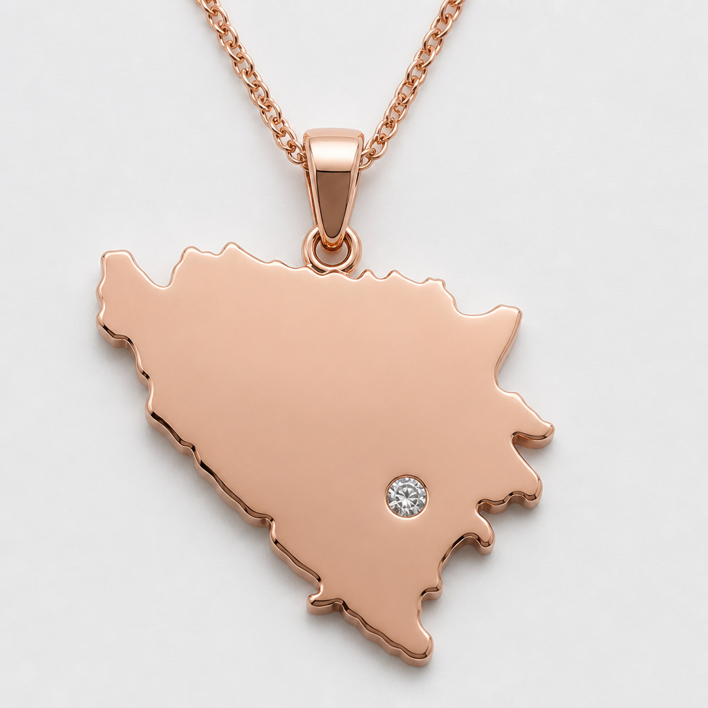 A women's pendant made of rose gold. outline of Bosnia and Herzegovina with a 3mm diamond flush set in location of sarajevo
photorealistic jewelry design, A women's pendant made of rose gold. outline of Bosnia and Herzegovina with a 3mm diamond flush set in location of sarajevo, modern style, just the design no text