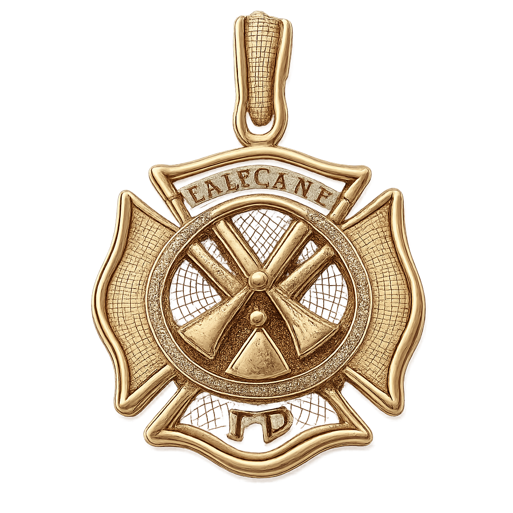 Firefighter Maltese charm two tone gold with 4 crossed bugles in the center