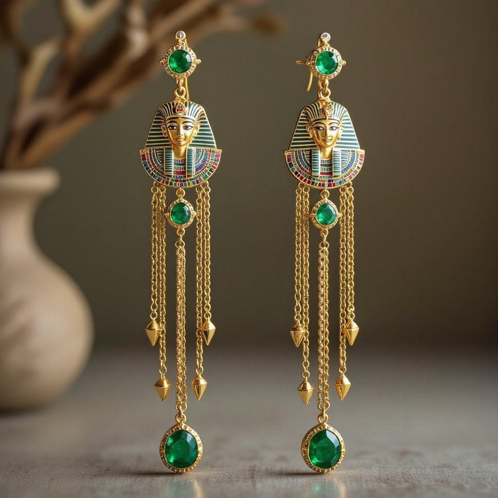 Zotot long earrings with a pendant symbolic image of the Egyptian god Ra symbol of the sun long chains