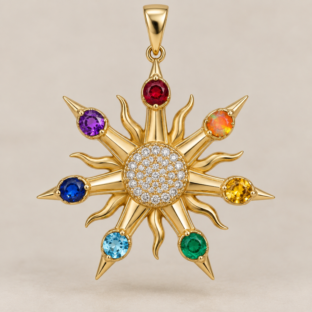 A gold women's pendant made of gold with ruby and opal and topaz and emerald and aquamarine and sapphire and amethyst and diamond stones suitable for gift. Pendentif en or en forme de soleil à sept grandes branches et 7 petites branches, les 7 grandes branches sont séparées par les petites branches. Les pierres sont sur les plus grandes. Toutes les pierres font 5mm de diamètre ( 1ère grande branche rubis, 2ème grande branche opale de feu, 3ème grande branche topaze jaune, 4ème grande branche émeraude, 5ème grande branches aigue marine, 6ème grande branche saphir bleu roi et la 7ème grande branche une améthyste.
photorealistic jewelry design, A gold women's pendant made of gold with ruby and opal and topaz and emerald and aquamarine and sapphire and amethyst and diamond stones suitable for gift. Pendentif en or en forme de soleil à sept grandes branches et 7 petites branches, les 7 grandes branches sont séparées par les petites branches. Les pierres sont sur les plus grandes. Toutes les pierres font 5mm de diamètre ( 1ère grande branche rubis, 2ème grande branche opale de feu, 3ème grande branche topaze jaune, 4ème grande branche émeraude, 5ème grande branches aigue marine, 6ème grande branche saphir bleu roi et la 7ème grande branche une améthyste., gold style, just the design no text