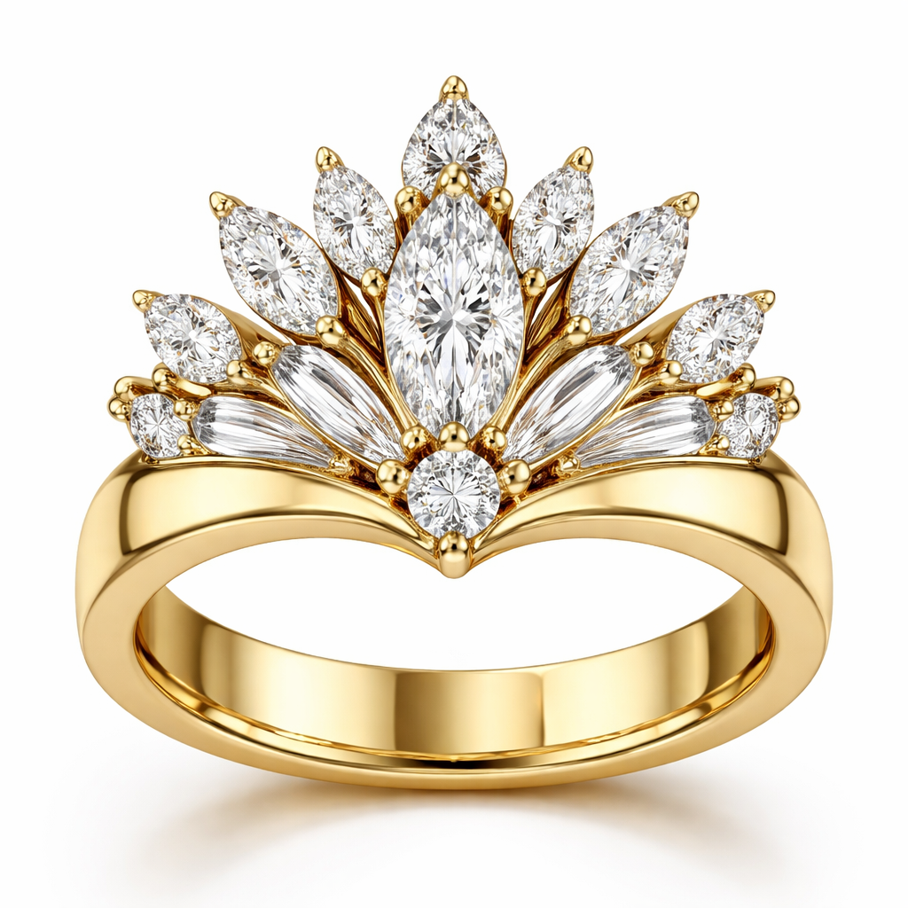 Ring AI Create a ring in 14k yellow gold, set in platinum. The center stone is a .60 size marquise diamond with a .25 round diamond set directly under the marquise. Add 6 more marquise shaped diamonds and 2 more round diamonds and 4 to 6 rectangle shaped baguettes in the shape of a crown with a 4mm thick gold yellow gold band