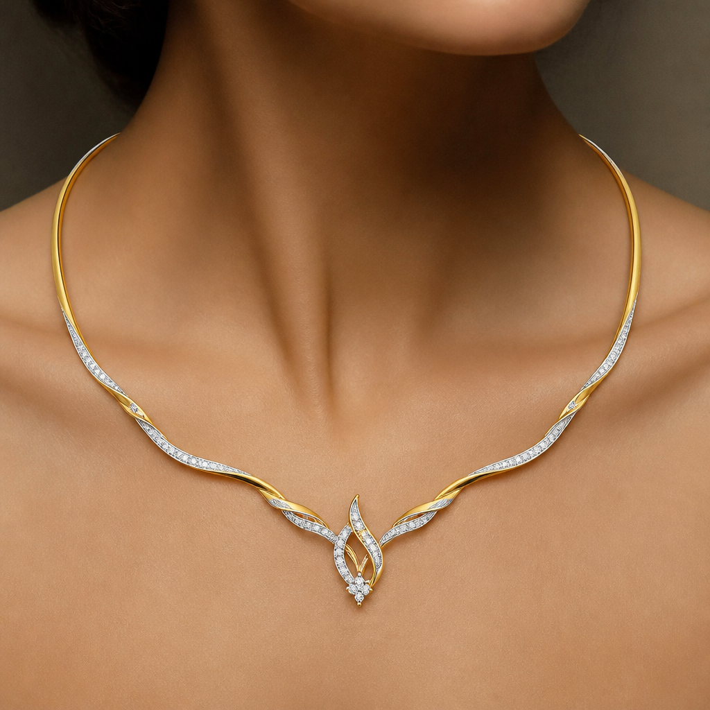 A luxury women's necklace made of gold with diamond stones suitable for daily wear. two toned gold and diamond smooth flowing look
photorealistic jewelry design, A luxury women's necklace made of gold with diamond stones suitable for daily wear. two toned gold and diamond smooth flowing look, luxury style, just the design no text