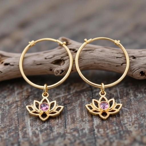 Серьги кольца диаметр 14 мм, подвески в виде золотых лотосов шестью лепестками с маленьким розовым кварцем по центру