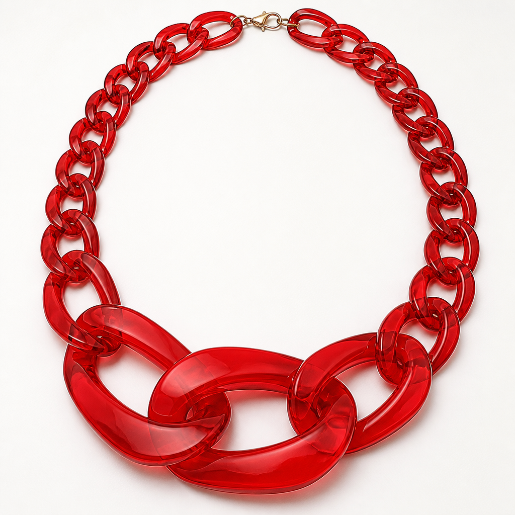 A women's necklace. create a chunky Cuban Link style plastic chain that is o graduated and exaggerated in the first front three links that is translucent lucite in bright cherry color
photorealistic jewelry design, A women's necklace. create a chunky Cuban Link style plastic chain that is o graduated and exaggerated in the first front three links that is translucent lucite in bright cherry color, modern style, just the design no text
