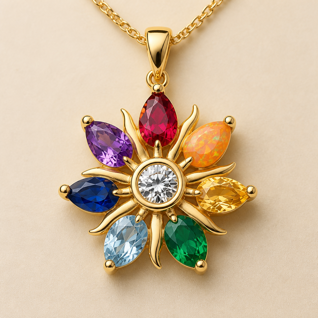 A pendant women's necklace made of gold with ruby and opal and topaz and emerald and sapphire and amethyst and aquamarine and diamond stones suitable for gift. Pendentif en or en forme de soleil à sept branches ( dans le sens des aiguilles d'une montre) première branche un rubis, deuxième branche une opale orange, troisième branche une topaze jaune, quatrième branche une émeraude, cinquième branche une aigue marine, sixième branche un saphir, septième branche une améthyste et au milieu du pendentif un diamant.
photorealistic jewelry design, A pendant women's necklace made of gold with ruby and opal and topaz and emerald and sapphire and amethyst and aquamarine and diamond stones suitable for gift. Pendentif en or en forme de soleil à sept branches ( dans le sens des aiguilles d'une montre) première branche un rubis, deuxième branche une opale orange, troisième branche une topaze jaune, quatrième branche une émeraude, cinquième branche une aigue marine, sixième branche un saphir, septième branche une améthyste et au milieu du pendentif un diamant., pendant style, just the design no text