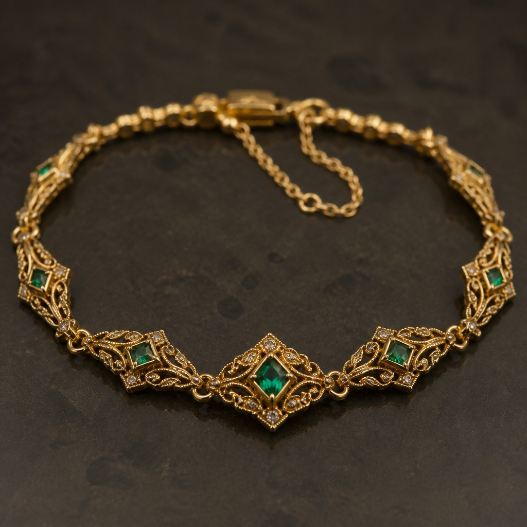 A vintage women's bracelet made of gold with emerald stones suitable for daily wear, highly ornate, intricate and elaborate, richly detailed. sencilo y delicado
photorealistic jewelry design, A vintage women's bracelet made of gold with emerald stones suitable for daily wear, highly ornate, intricate and elaborate, richly detailed. sencilo y delicado, vintage style, just the design no text