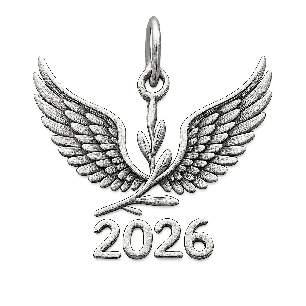 Silver cut-out charm only with  two spread out bird wings, an olive branch and  along year 2026