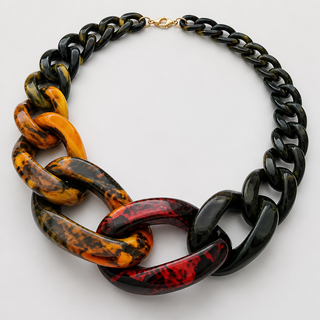A women's necklace. create a chunky Cuban links style plastic necklace that is graduated and exaggerated in the first three links of colors inspired by poisonous snakes
photorealistic jewelry design, A women's necklace. create a chunky Cuban links style plastic necklace that is graduated and exaggerated in the first three links of colors inspired by poisonous snakes, modern style, just the design no text