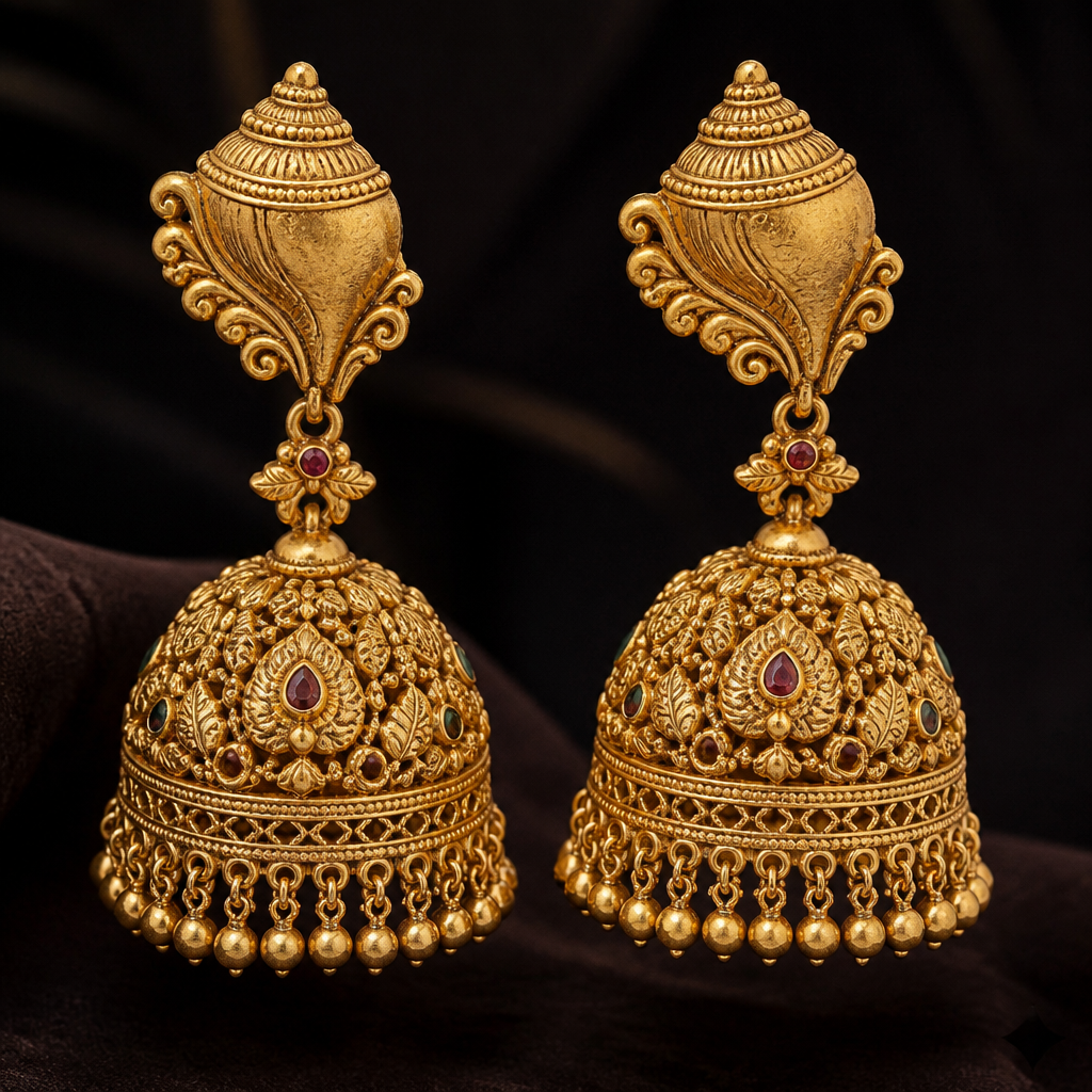 A luxury women's earrings made of gold suitable for festival. include shank or shell design with South Indian jhumki
photorealistic jewelry design, A luxury women's earrings made of gold suitable for festival. include shank or shell design with South Indian jhumki, luxury style, just the design no text