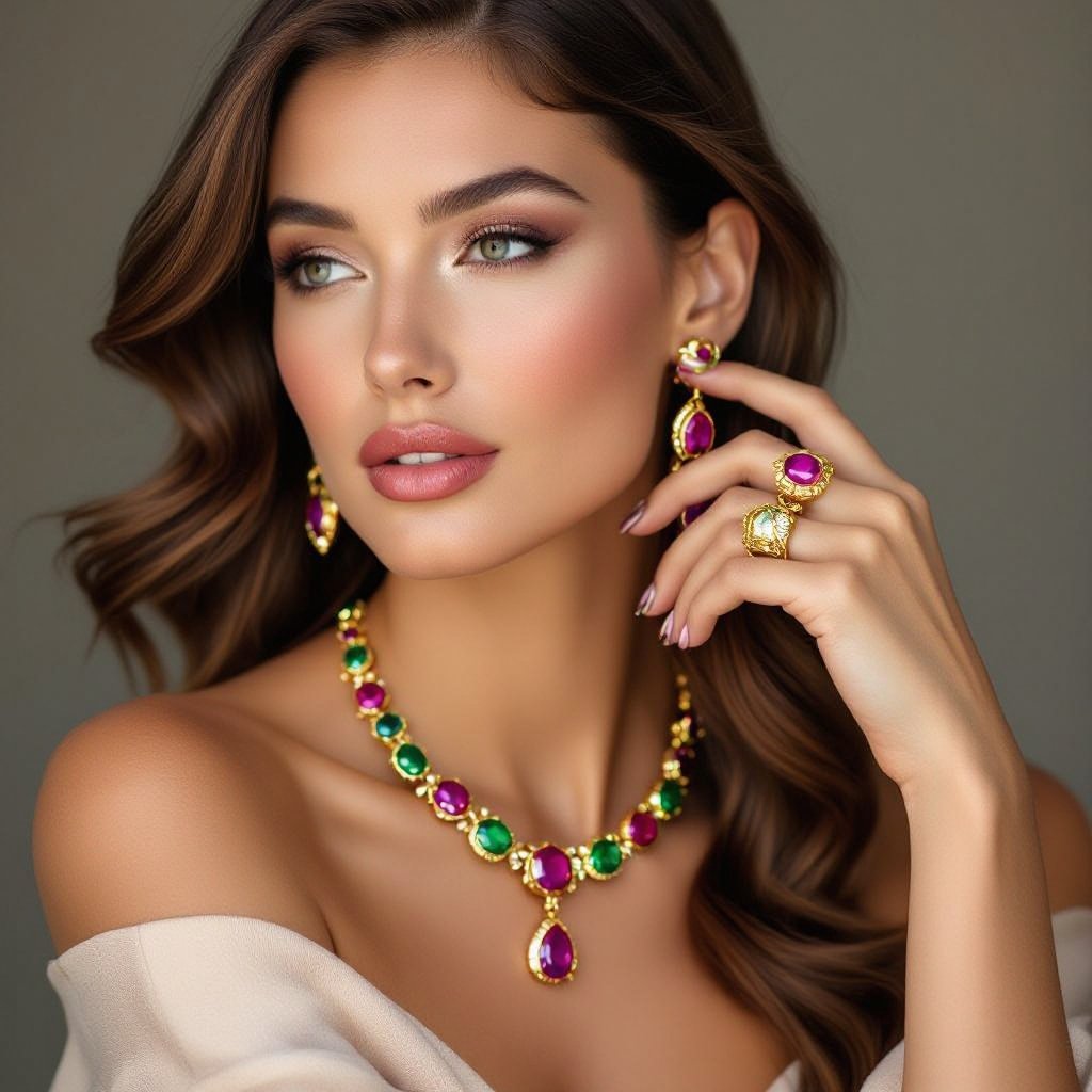 Necklace and ring and earring with luxury colorful jewel with gold