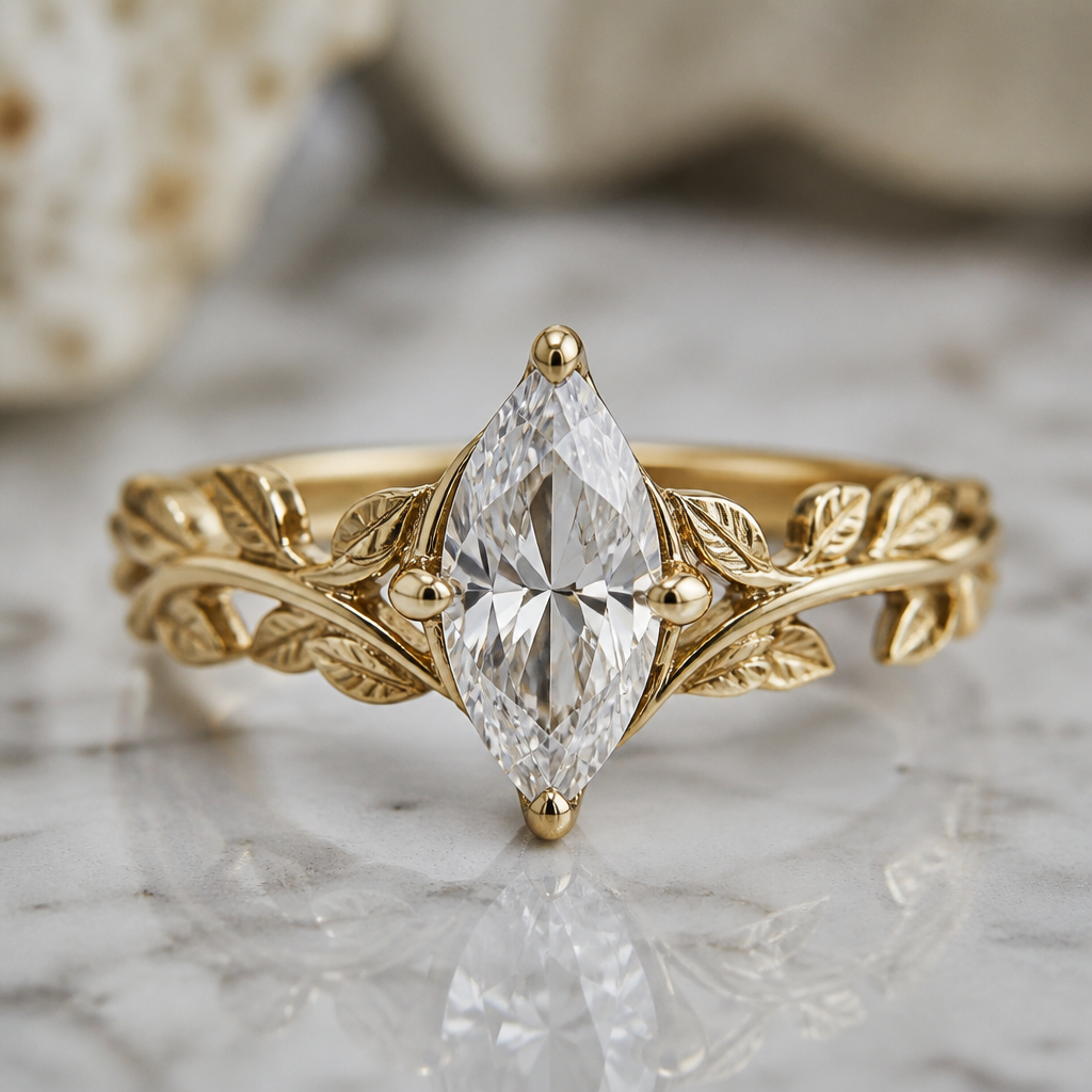 Yellow gold banding with leaf or vine design on band and Marquis Solitaire Stone
photorealistic jewelry design, Yellow gold banding with leaf or vine design on band and Marquis Solitaire Stone, vintage style, just the design no text