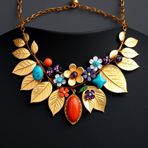 A bold, oversized choker that combines modern geometric shapes with organic, flowing forms. The base can be made of matte black metal for a sleek, contemporary look, with accents of polished silver or gold to add contrast. The centerpiece features an asymmetrical arrangement of vibrant, semi-precious gemstones—like turquoise, amethyst, or coral—set in irregular, handcrafted bezels for an organic feel. **Key Elements:** - **Shape:** Mix of sharp, angular lines with smooth, curved elements to create visual interest and balance. - **Materials:** Matte black or gunmetal base with shiny metallic accents; colorful gemstones or enamel inlays for pops of color. - **Texture:** Incorporate hammered or brushed finishes to add depth and tactile appeal. - **Size:** Oversized and layered, making it the focal point of any outfit, perfect for modern, edgy styling. **Inspiration Mood:** Think of a fusion between minimalist architecture and natural landscapes—craggy mountains, flowing rivers, and vibrant sunsets—capturing both strength and beauty. Imagine pairing this with sleek, monochrome outfits to let the jewelry stand out or with bohemian styles for a more eclectic, artistic vibe.