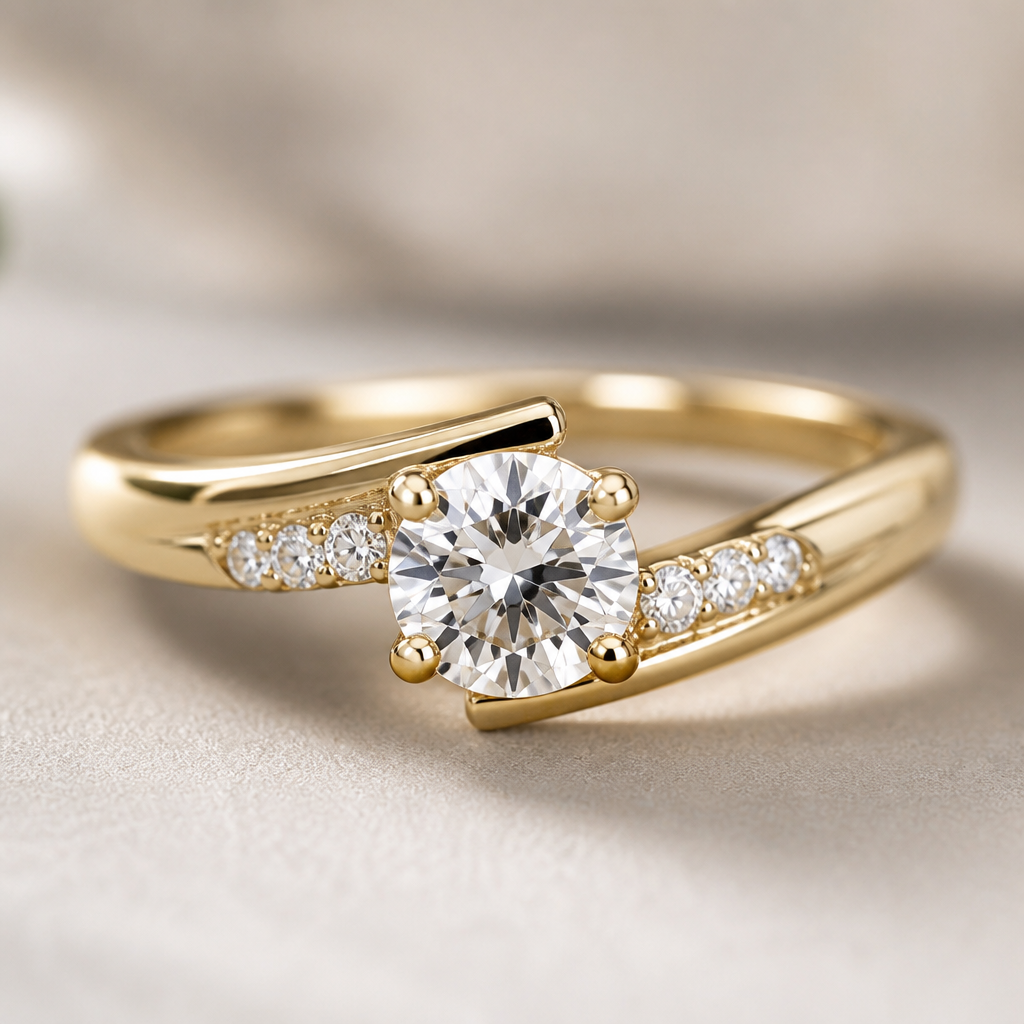 A women's ring made of gold with diamond stones suitable for engagement
photorealistic jewelry design, A women's ring made of gold with diamond stones suitable for engagement, modern style, just the design no text