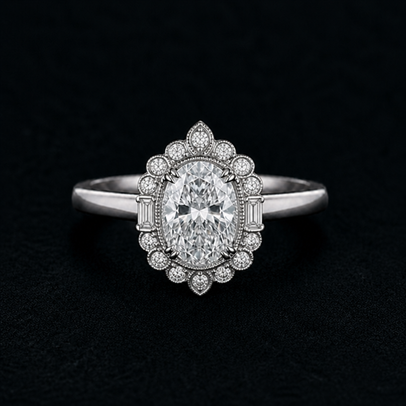 Change halo shape to more vintage style
edit the attached jewelry design with these instructions: Change halo shape to more vintage style. keep it photorealistic, just the design no text