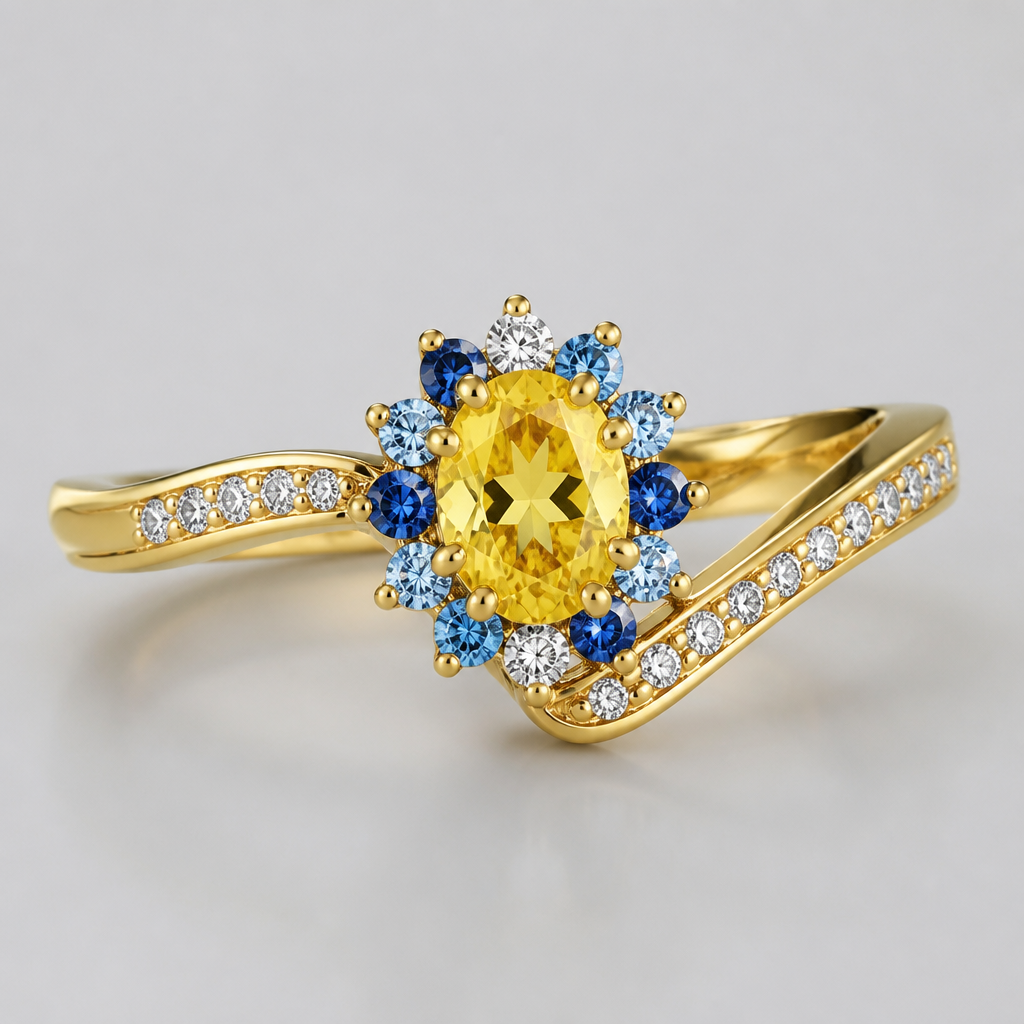 A modern women's ring made of gold with diamond stones. anillo de oro amarillo con puntas desviada a los costados, y un diamante amarillo y tonos azules en el centro
photorealistic jewelry design, A modern women's ring made of gold with diamond stones. anillo de oro amarillo con puntas desviada a los costados, y un diamante amarillo y tonos azules en el centro, modern style, just the design no text