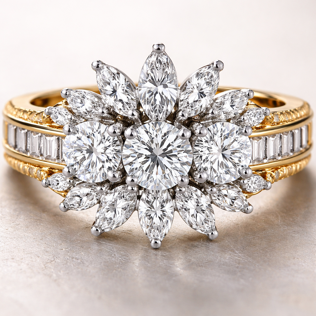 Create a ring with 3 round diamonds the largest being .25 , 7 marquise diamonds with the largest being.6 , several baguettes on yellow gold set in platinum