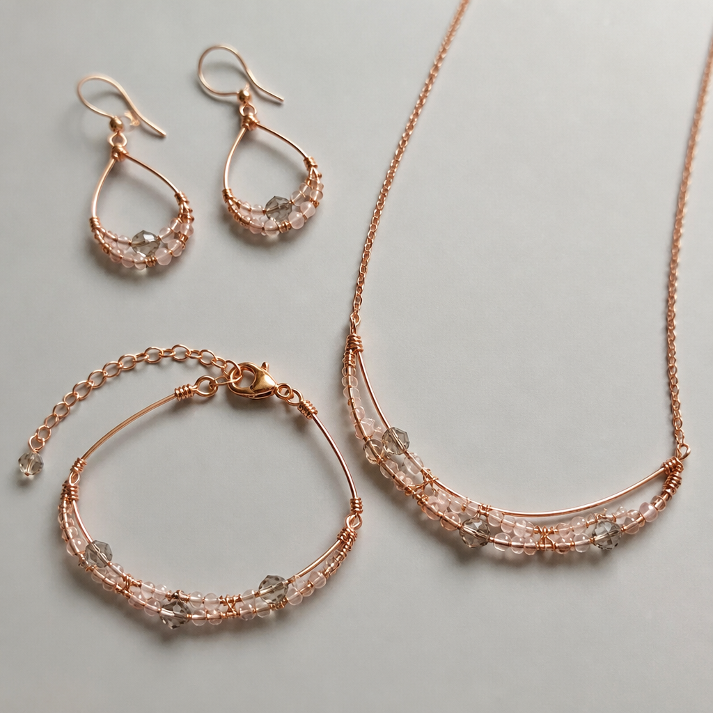 A contemporary women's earrings made of copper suitable for daily wear, minimalist, simple and delicate, clean lines. made from wire, seed beads and crystal beads a set of earrings with matching bracelet and necklace
photorealistic jewelry design, A contemporary women's earrings made of copper suitable for daily wear, minimalist, simple and delicate, clean lines. made from wire, seed beads and crystal beads a set of earrings with matching bracelet and necklace, contemporary style, just the design no text