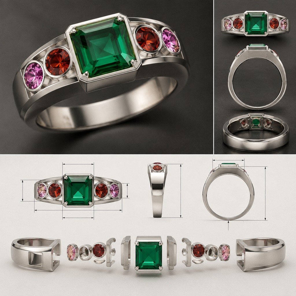 A men's ring made of silver with sapphire and garnet and emerald stones. a simple ring sophisticated with a square emerald's cut emerald 11mm by 11mm
two small round 5mm spessartite garnet (one on eache side) and finally 4 small 3.5mm round pink sapphire (two on each sides)
i would like a photo realistic rendering of the rings but also detailed graphics with measurements of the piece and a deconstruction draft of the piece
photorealistic jewelry design, A men's ring made of silver with sapphire and garnet and emerald stones. a simple ring sophisticated with a square emerald's cut emerald 11mm by 11mm
two small round 5mm spessartite garnet (one on eache side) and finally 4 small 3.5mm round pink sapphire (two on each sides)
i would like a photo realistic rendering of the rings but also detailed graphics with measurements of the piece and a deconstruction draft of the piece, modern style, just the design no text