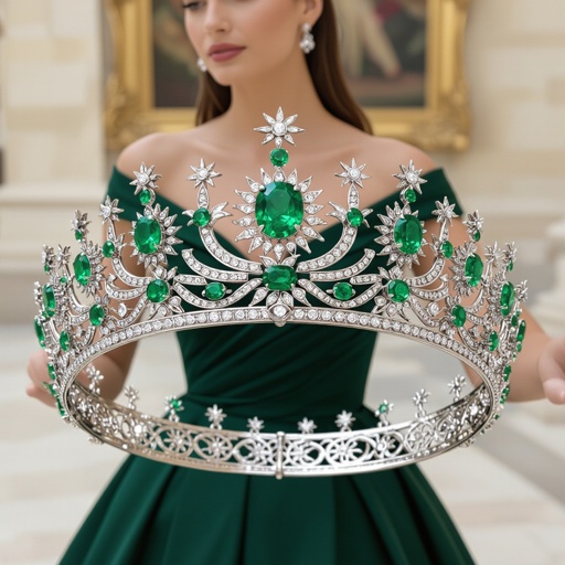 A silver tiara with green emerald details. Moon, stars and sun details