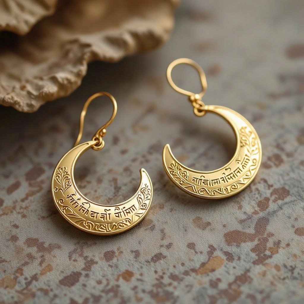 Серьги золотые в форме тонкого изящного полумесяца, полукруг как продолжение застежки, на полукруге надписи мантрами на санскрите
