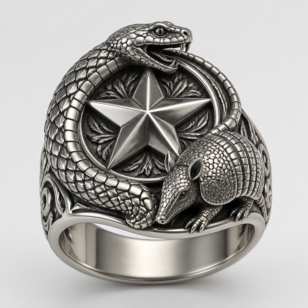 Ring with rattle snake armadillo and lone star
photorealistic jewelry design, Ring with rattle snake armadillo and lone star , just the design no text