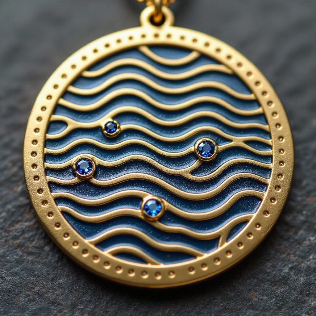 Золотой матовый медальон в форме неровного круга с неровными краями. По краям выпуклые точки сплошной линией. На круге разные волнистые узоры словно волны. Три миниатюрных голубых камушка хаотично расположены в круге
