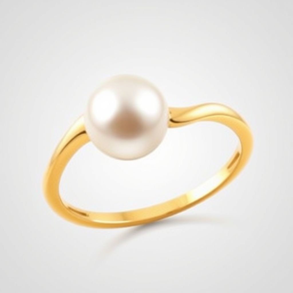 A golden ring with a pearl in the middle, the ring curving into an elegant wave type circle around the pearl. I want it to have a very elegant, simple, and beautiful design. I want the ring symmetrical and the pearl to be a medium size.