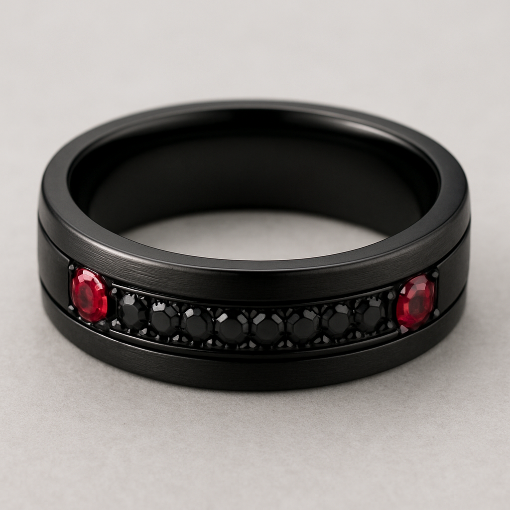 Men’s wedding band black with black stones and 2 rubies 