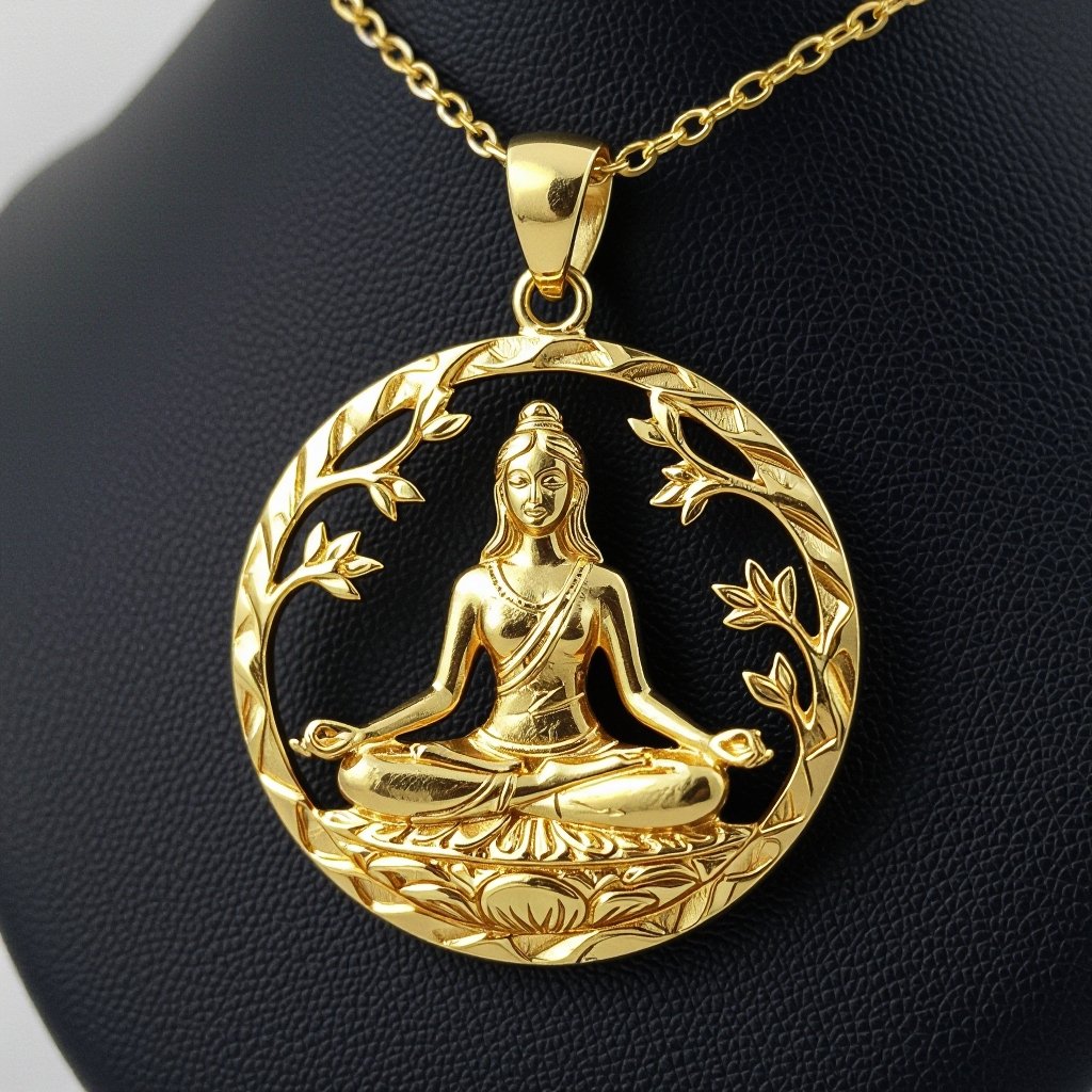 Золотой кулон в виде неровного круга в круге выгравирована женщина с длинными волосами в позе лотоса