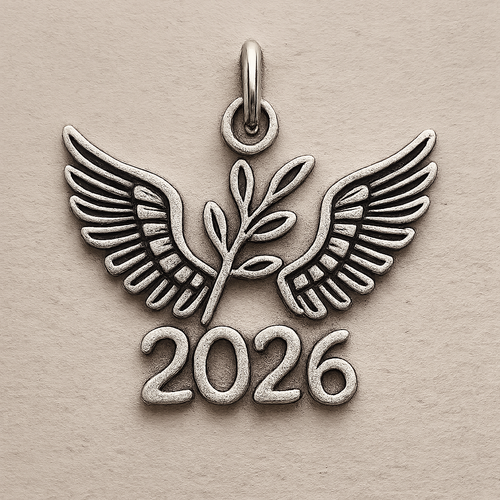 Slim Silver cut-out charm only with  two spread out bird wings, an olive branch and  along year 2026